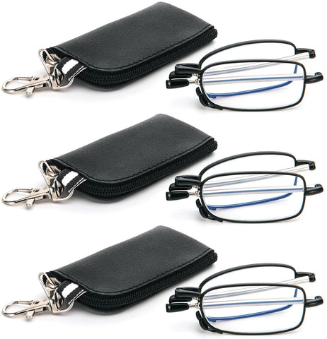 REAVEE 3 Pack Folding Reading Glasses with Keychain Compact Bags Women Men Blue Light Blocking Spring Hinge Portable Pocket Readers,Black 0.5