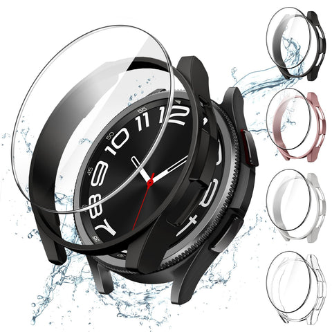 JETech 4+4 Pack Case and Screen Protector for Samsung Galaxy Watch 6 Classic 43mm, Tempered Glass Film Protective Hard PC Bumper Cover (Black/Clear/Silver/Rose Gold)