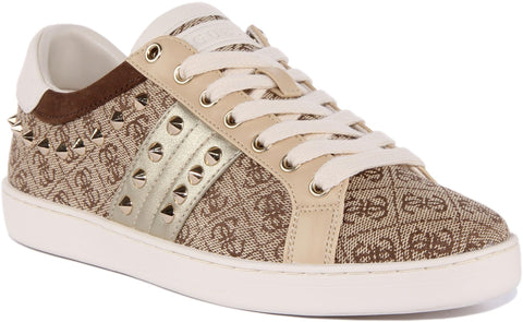 Guess Raelin Women's Lace-Up Studded 4G Logo Print Trainers, FL7RL3FAL12, Stylish Comfort Casual Shoe, Beige, 6 UK