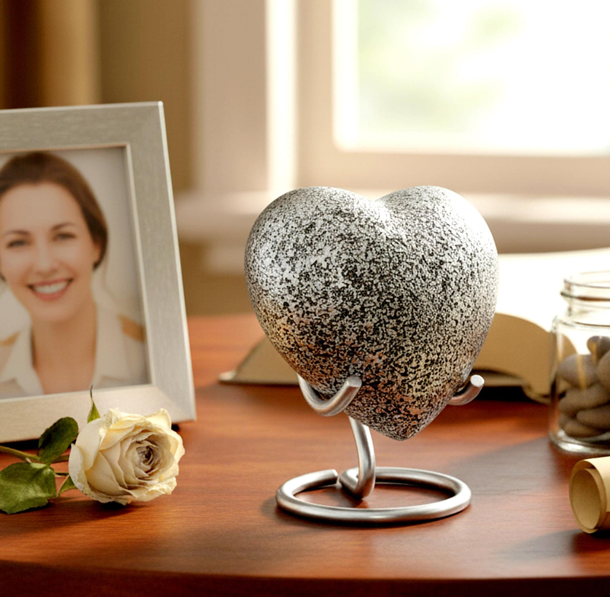 eSplanade Brass Mini Cremation Urn Heart-Shaped Keepsake Memorial Jar Pot Container | Small Urn for Funeral Ashes Burial | Textured Metal Keepsake with Stand | Silver - 2.75" Inches