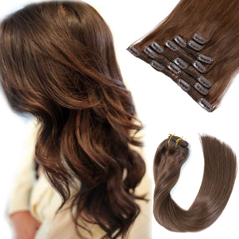 Clip in Hair Extensions Real Human Hair, Real Hair Extensions Clip ins, 7 Pieces 70G Chocolate Brown Hair Extensions Clip in Human Hair Double Wefts 14 Inch Clip-ins for Fine Hair Women