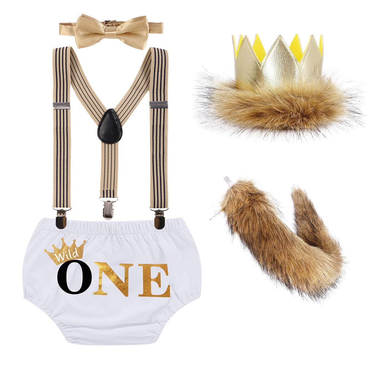 HIHCBF Baby Boys First Birthday Party Cake Smash Photo Shoot Outfits Wild ONE Crown Tail Suspenders Bow Tie Bloomers Set White