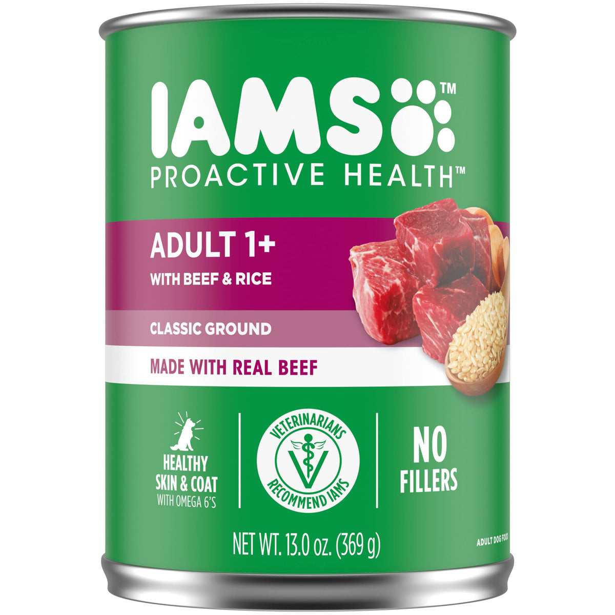 IAMS PROACTIVE HEALTH Adult Wet Dog Food Classic Ground with Beef and Whole Grain Rice, 12-Pack of 13 oz. Cans