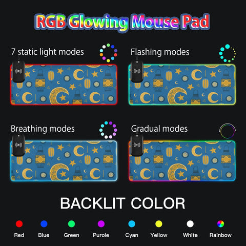 Blue Ramadan Star Moon Wireless Charging Mouse Pad for Mobile Phone Extra Large Gaming Mousepad with 13 Lighting Modes Keyboard Mat for Gaming MacBook PC Laptop Desk Home Office