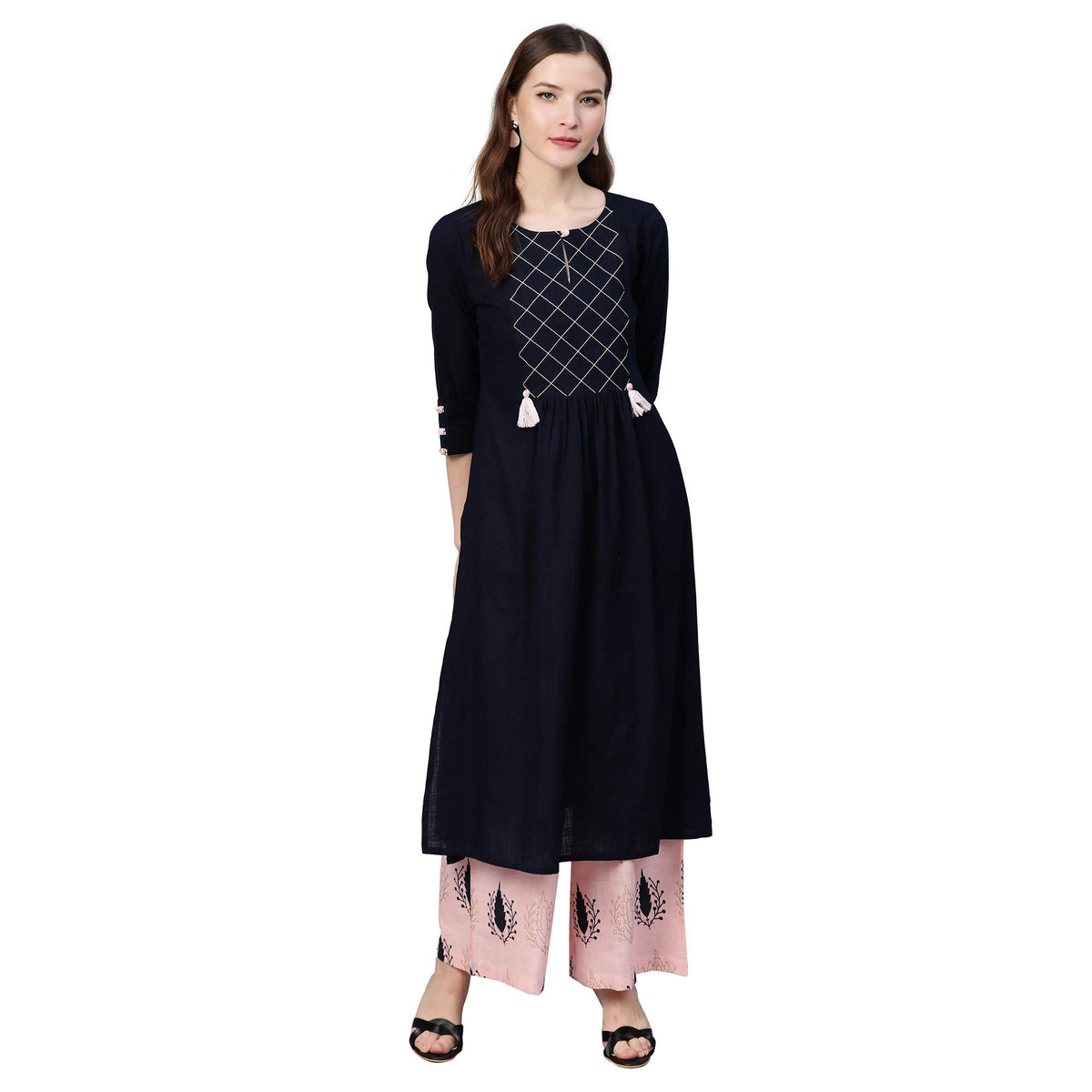 Idalia Women's Navy Blue and Light Pink Cotton Kurta Set (Navy Blue, XS)