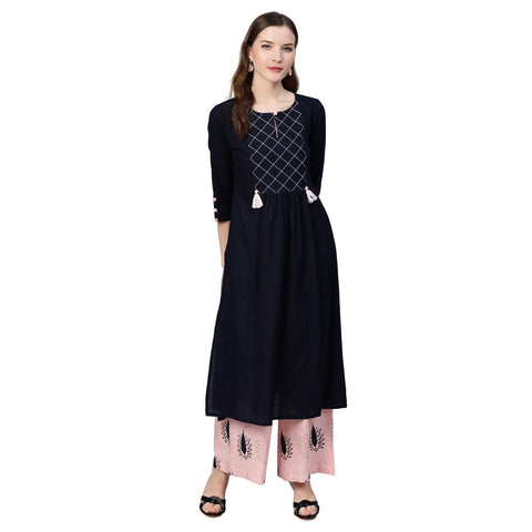 Idalia Women's Navy Blue and Light Pink Cotton Kurta Set (Navy Blue, XS)