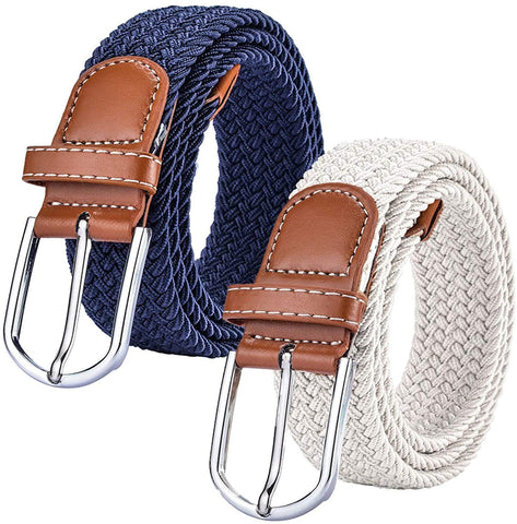 (2 Pack) Womens Stretch Canvas Braided Belt - Ladies Belts for Jeans, One Size, Navy & White