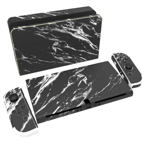 PlayVital Full Set Protective Stickers for Nintendo Switch OLED Model, Customized Vinyl Decal Skins for Switch OLED Console & Joycon & Dock & Grip - Modern Black Marble