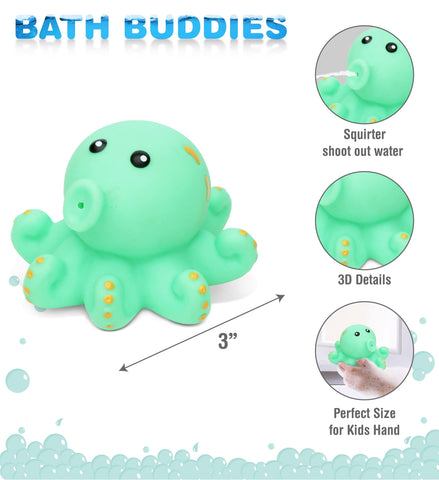 DolliBu Octopus Bath Buddy Squirter - Floating Green Octopus Rubber Bath Toy, Fun Water Squirting Bathtime Play for Toddlers, Cute Sea Life Animal Toy for The Bathtub, Beach, & Pool for Girls & Boys