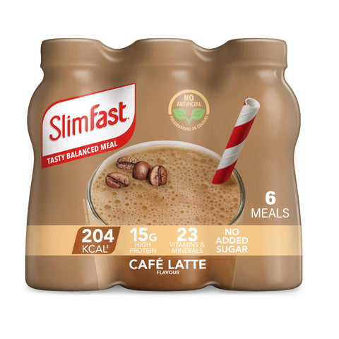 SlimFast Ready To Drink Shake, Meal Replacement Shakes for Weight Loss and Balanced Diet, High Protein, Vitamins, Minerals, No Added Sugar, Cafe Latte Flavour, 6 x 325 ml, Packaging May Vary