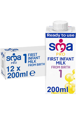 SMA PRO First Infant Baby Milk, From Birth, Ready to Drink, 200ml (Pack of 12)