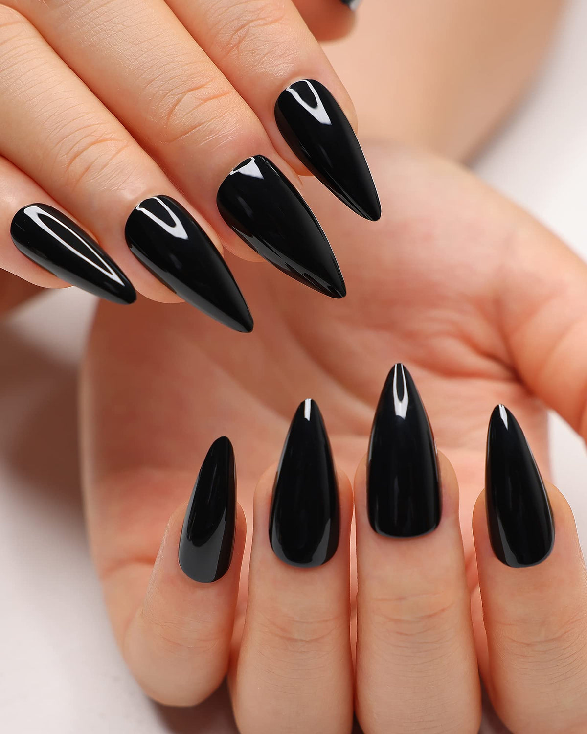 morily 24Pcs Black Press on Nails Stiletto Fake Nails Medium Length Almond False Nails Tips Long Acrylic Glossy Stick on Nail Solid Color Full Cover Fingernails Manicure for Women (Black)