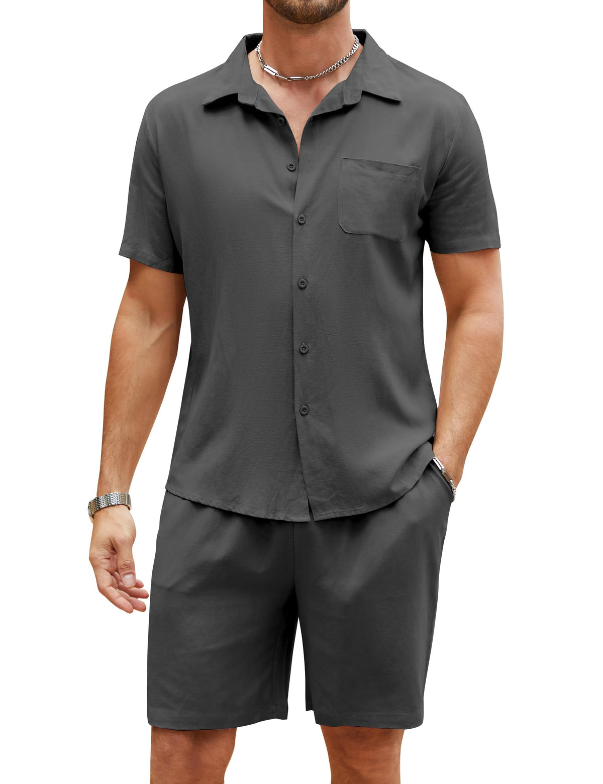 Flygo Men Cotton Linen Sets Outfits 2 Piece Summer Short Sleeve Shirt Shorts Set Beach Wear Vacation Outfit(Grey-XXL)