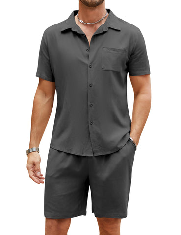 Flygo Men Cotton Linen Sets Outfits 2 Piece Summer Short Sleeve Shirt Shorts Set Beach Wear Vacation Outfit(Grey-XXL)
