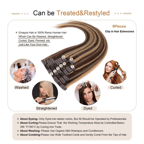 15inch Clip in Human Hair Extensions 8pcs 100g Silky Straight-100% Remy Human Hair Double Lace Weft Highlighted Color Seamless Clip in Hair Extensions for Women (15 Inch-100g, P4/27)