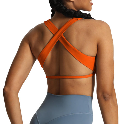 Aoxjox Women's Workout Sports Bras Square Neck Emma Cross Back Fitness Padded Training Gym Bra Yoga Crop Tank Top (Firecracker, Small)