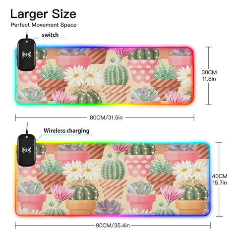 Cactus Wireless Charging Mouse Pad for Mobile Phone Extra Large Gaming Mousepad with 13 Lighting Modes Computer Mat for Gaming MacBook PC Laptop Desk Office Home