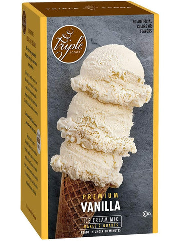 Triple Scoop Ice Cream Mix, Premium Vanilla, starter for use with home ice cream maker, non-gmo, no artificial colors or flavors, ready in under 30 mins, makes 2 qts (1 15oz box) (Vanilla)