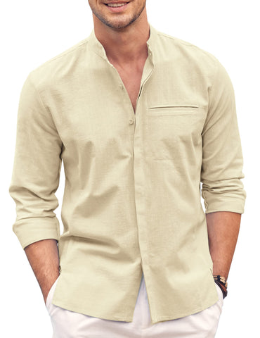 COOFANDY Men's Cotton Linen Shirt Long Sleeve Button Down Shirts Band Collar Beach Yoga Shirts Cream