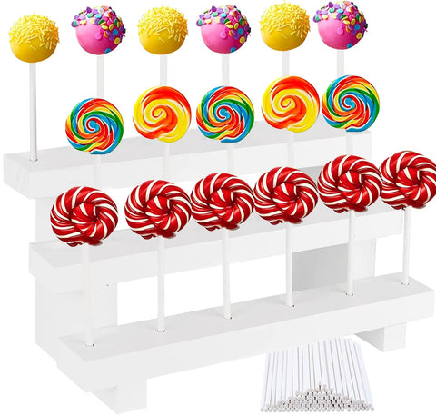 Cake Pop Stand Lollipop Stand Wooden Cake Pop Holder Stand 3 Tier 17 Holes with 50 Pieces Lollipop Sticks for Wedding Birthday Prom Baking Sale