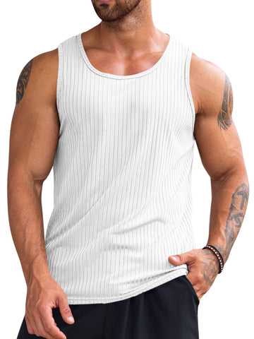 Runcati Men's Workout Tank Tops Sleeveless Ribbed Knit T Shirt Muscle Gym Fitness Tee White