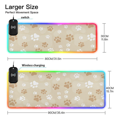 Dog Paw Prints Wireless Charging Mouse Pad for Mobile Phone Extra Large Gaming Mousepad with 13 Lighting Modes Keyboard Mat for Gaming MacBook PC Laptop Desk Home Office