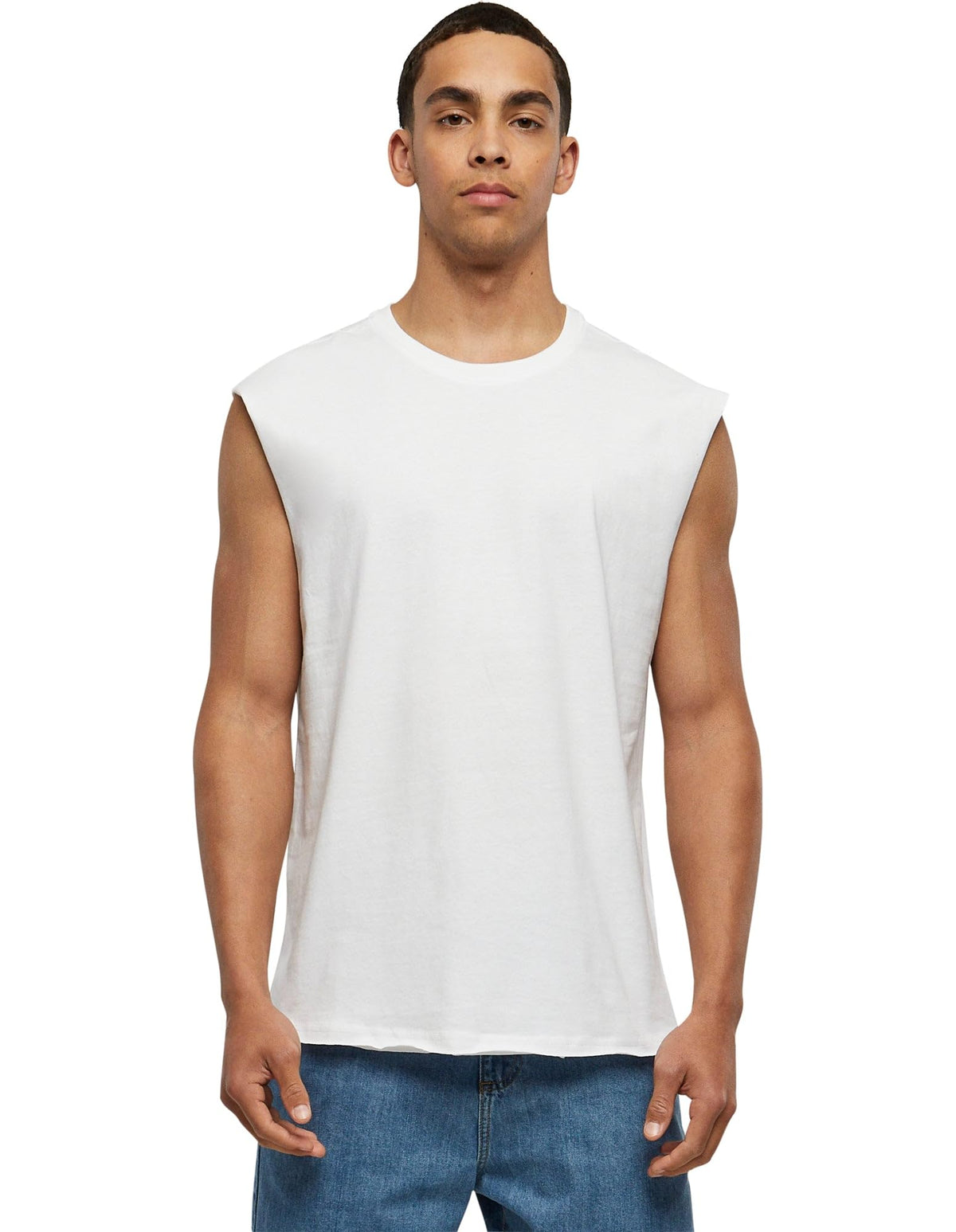 Urban Classics Men's Sleeveless T-shirt Workout Vest with Round Neckline and Rolled Hems Loose Tank Top 100 Jersey Cotton White Size X, White, XXL UK