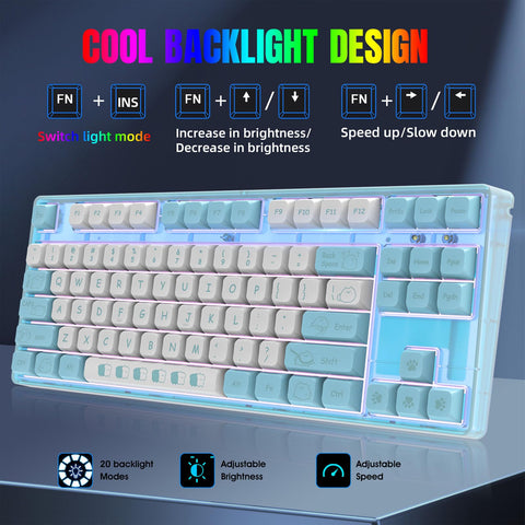 ciciglow Mechanical Gaming Keyboard, PBT Keycaps, Blue Switch, White Backlight, 20 Lighting Modes, Cute Design, Ergonomic, 87 Keys, Wired, for, for OS, for