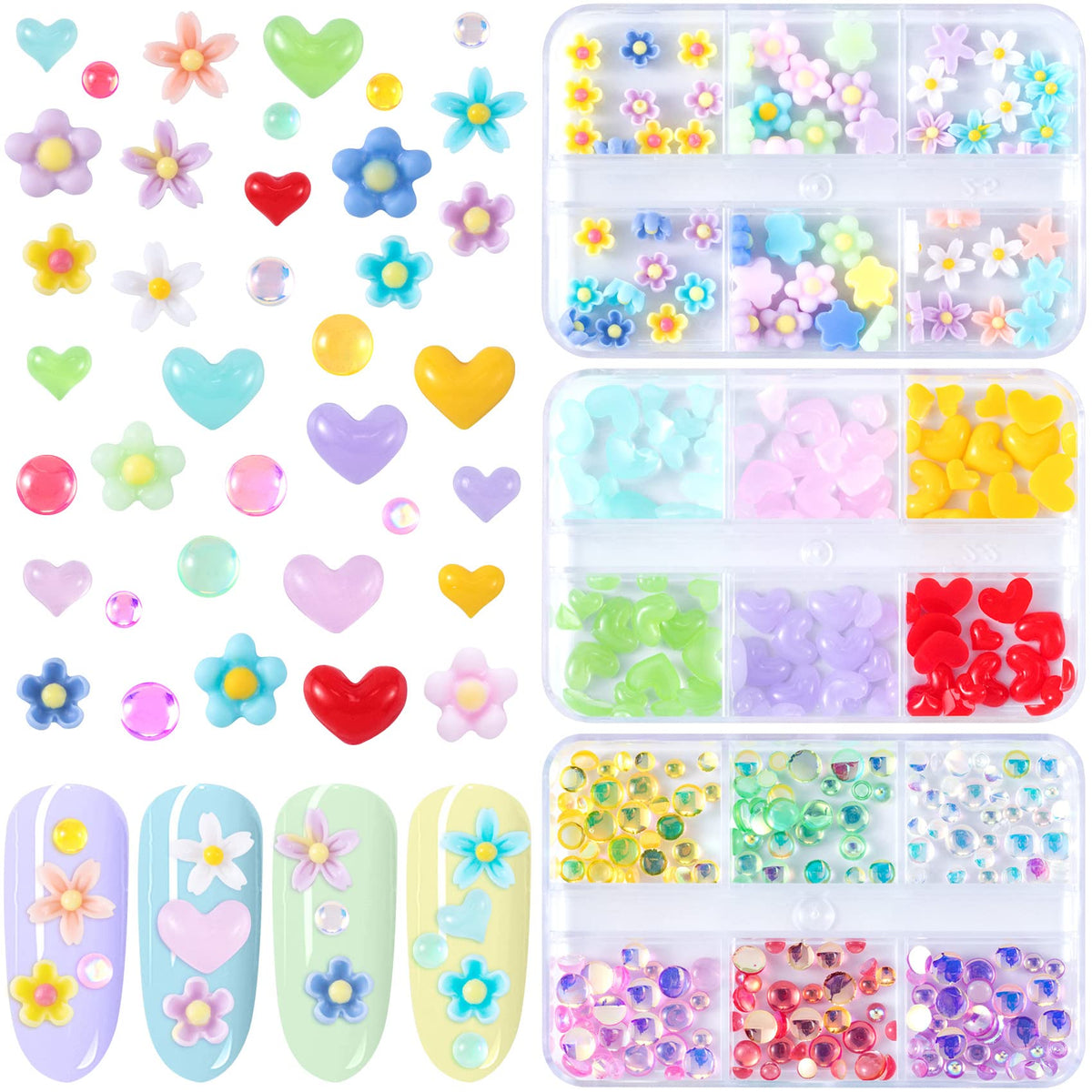 HINZIC 270Pcs 3D Colorful Acrylic Nail Art Charms Heart Shaped Nail Art Accessories Flower Shaped Valentine Halloween Christmas Nail Charms Mini Round Beads for DIY Nails Design Crafting Decal