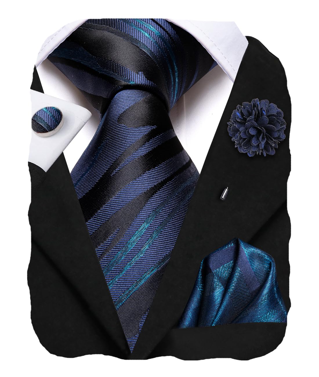 Hi-Tie Silk Ties for Men Woven Mens Ties with Lapel Pin Pocket Square Cufflinks Business Formal Necktie for Wedding Prom?Navy Black