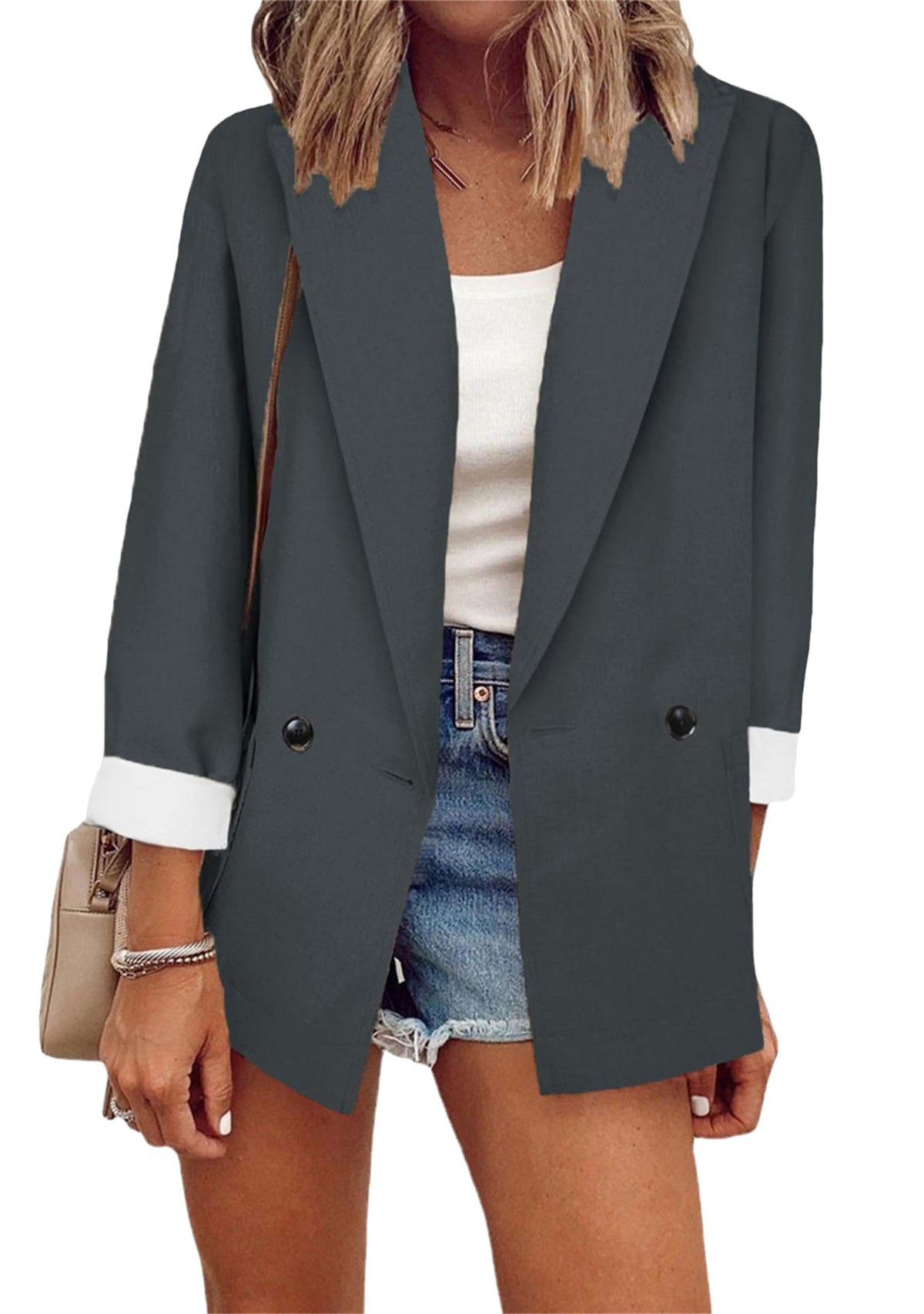 ZICUE Women's Fashion Plain Long Sleeve Blazer Casual Double Button Blazer Lapel Office Work Blazer, darkgray, M