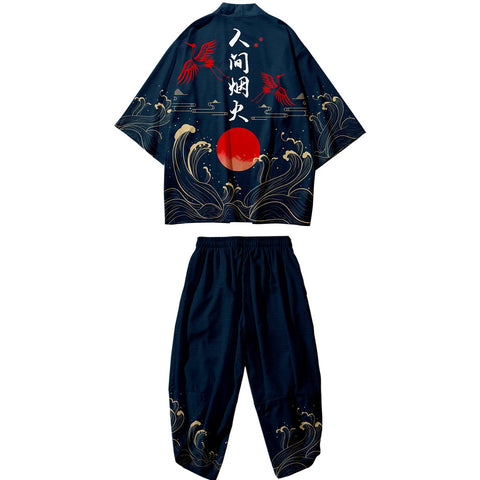 DOSLAVIDA Men's Japanese Kimono Jacket Set Stylish Open Front Coat With Shorts Chinese Style Printed Cardigan Suits, Pants-blue, Large