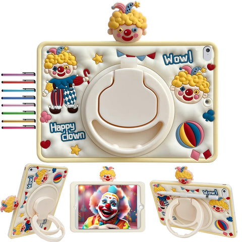 Kids Case Compatible with iPad 9.7 Inch (6th/5th Generation 2018/2017) / iPad Air 1 Cute Clown Silicone Shockproof Cover with Pencil Holder, 360° Rotating Handle Stand