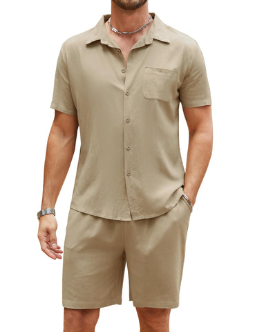 Flygo Men Cotton Linen Sets Outfits 2 Piece Summer Short Sleeve Shirt and Shorts Set Beach Wear Vacation Outfit(Khaki-L)