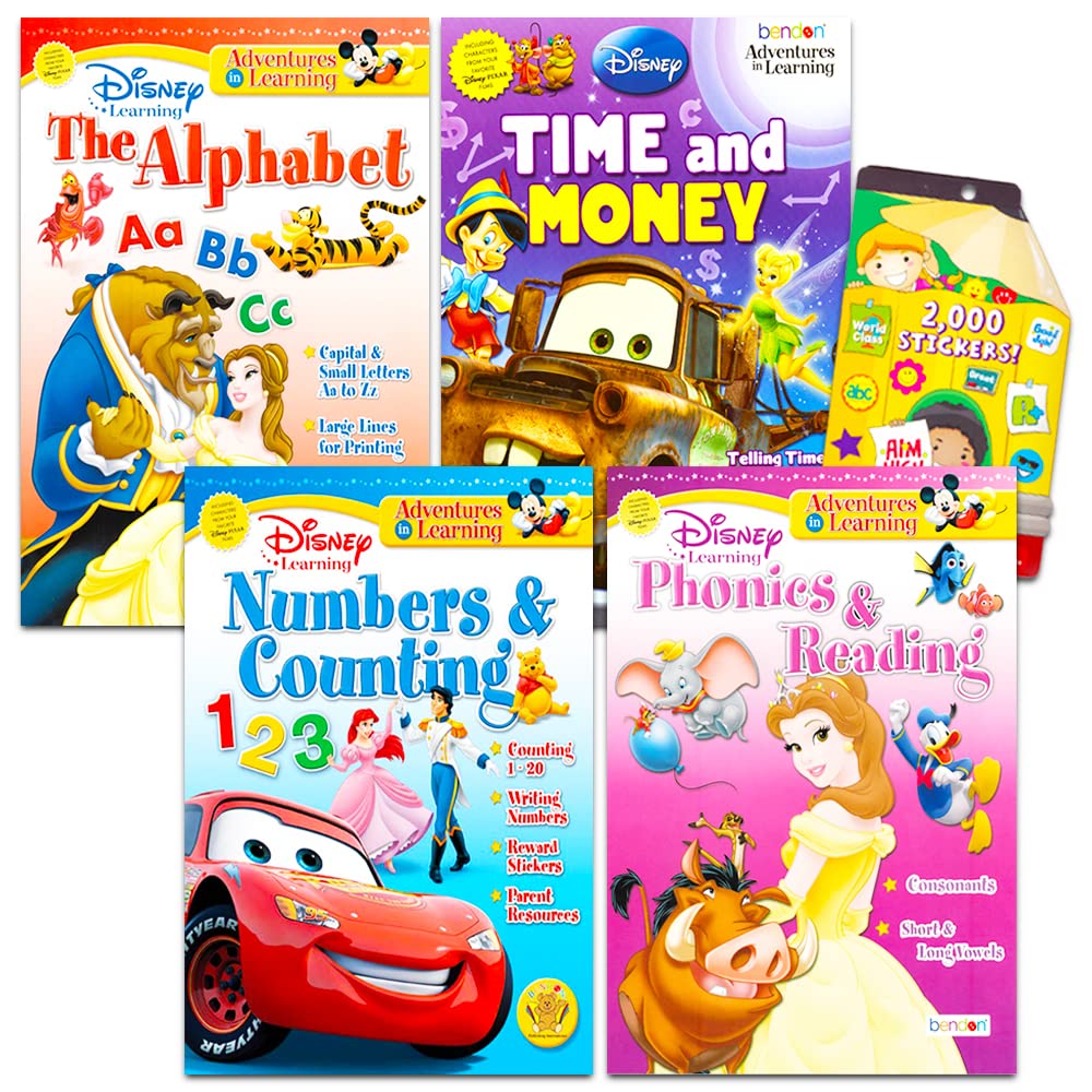Disney Princess Workbooks Super Set Kindergarten First Grade - Bundle of 4 Workbooks with Reward Stickers Alphabet, Reading, Time, Money, Phonics, and More