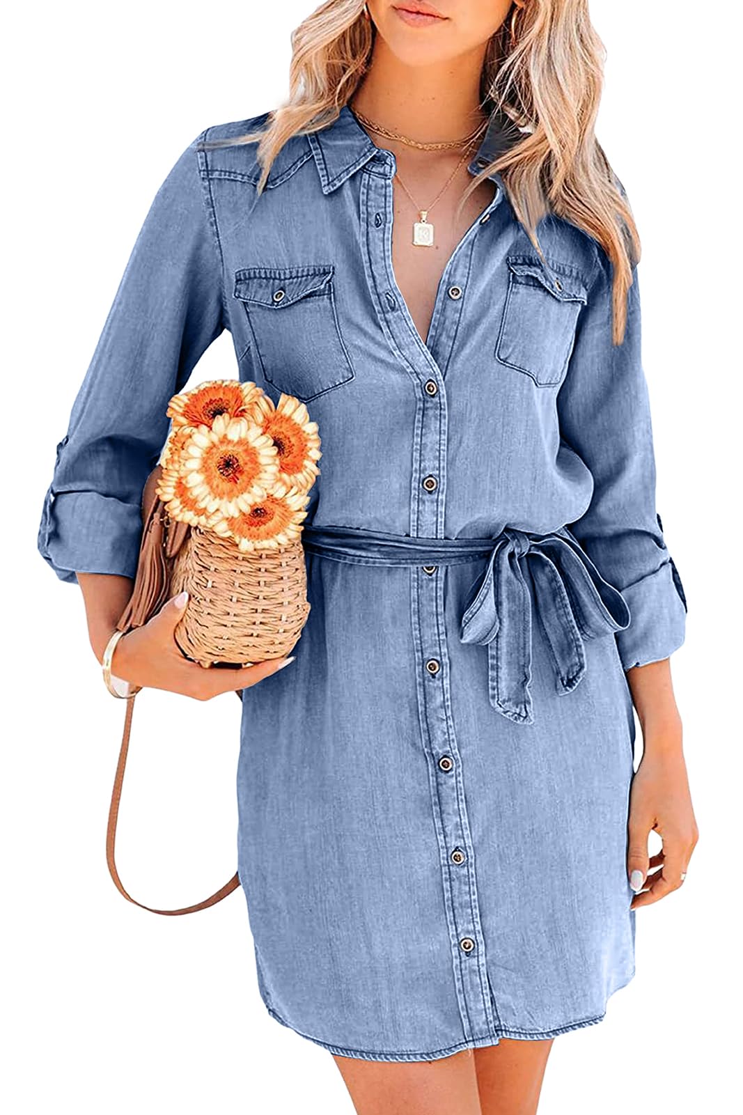 utcoco Women's Casual Button Down Jean Shirt Dress Long Sleeve Tie Waist Lightweight Denim Shirt Dress (Large, Light Blue)