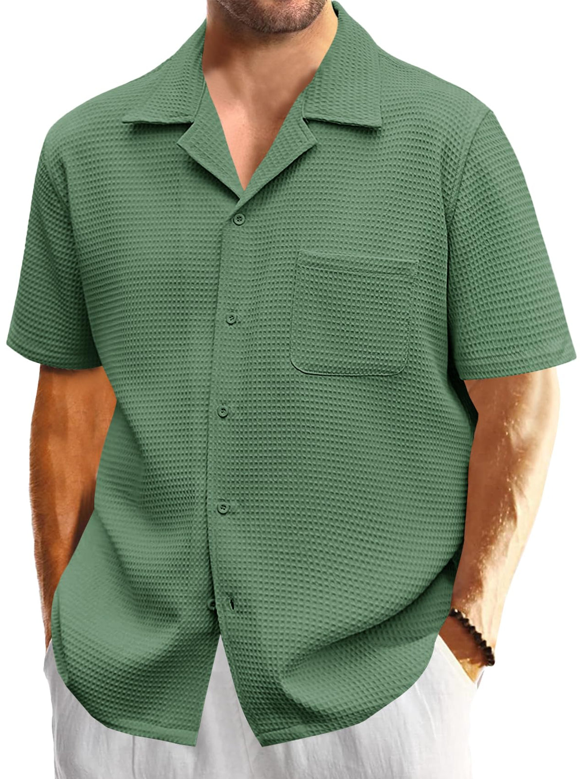 Mens Waffle Button Down Shirt Short Sleeve Loose Fit Cuban Summer Beach Plain Tops Army Green