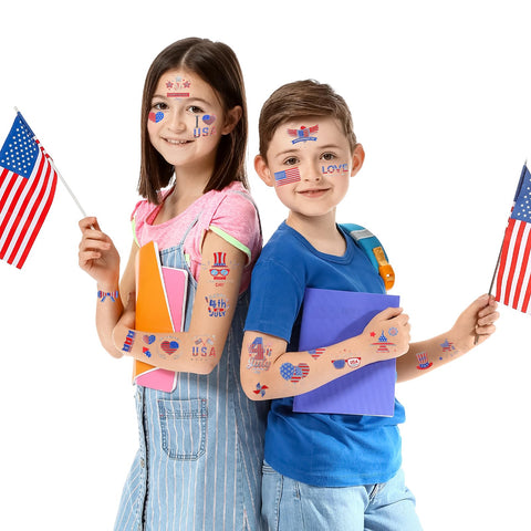 HOWAF 100+ Pcs 4th of July Temporary Tattoos - American Flag Red White and Blue Party Supplies Fourth of July Decorations Silver Glitter Tattoos, American USA Stars and Stripes Waterproof Body Art Stickers