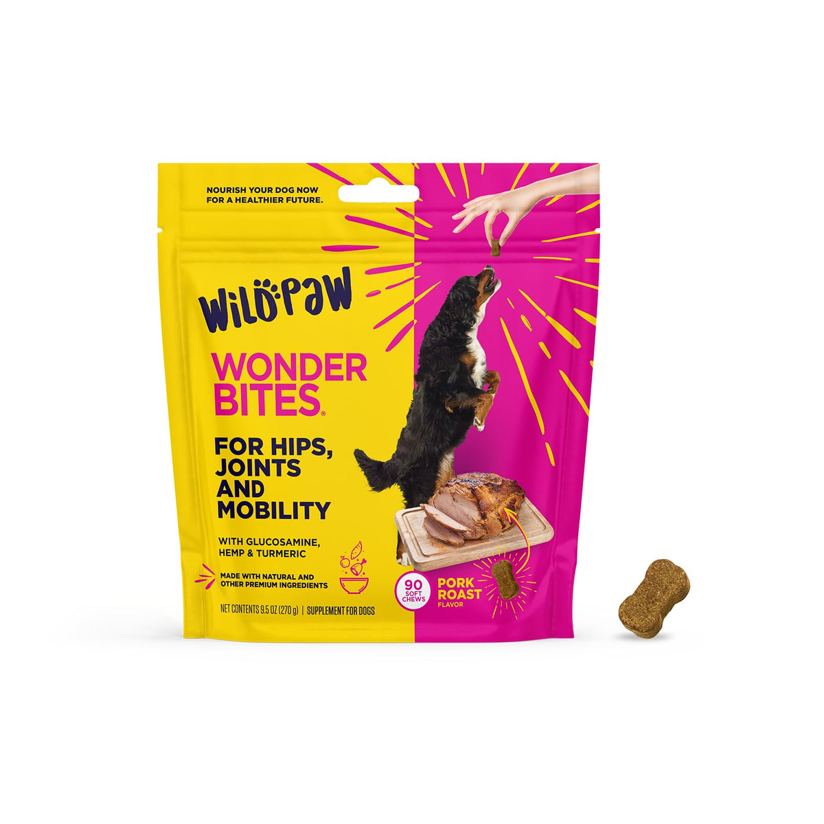 WildPaw WonderBites for HIPS, Joints, & Mobility -90 Soft Chews- Improves Mobility, Reduces Pain - Glucosamine, MSM, Hyaluronic Acid, Hemp, Turmeric, & More - Joint Supplement for Dogs