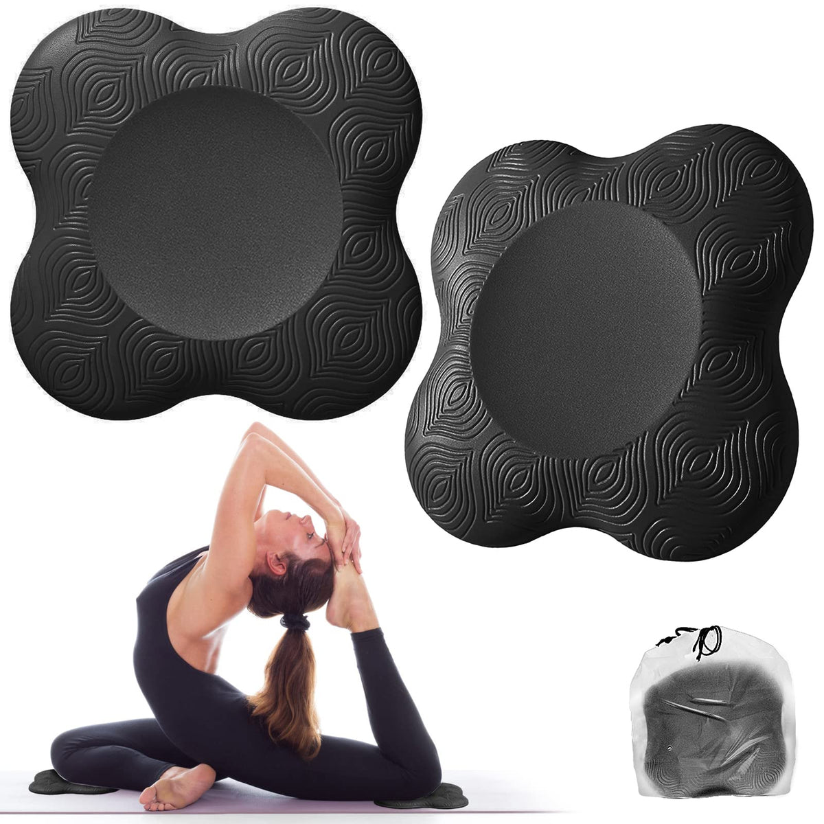 Bigmeda 2PCS Yoga Knee Pad,Non-slip Yoga Mats for Women Kneeling Support for Yoga Comfortable & Lightweight Yoga Knee Pads Cushion for Knees, Hands, Wrists, and Elbows (Black)