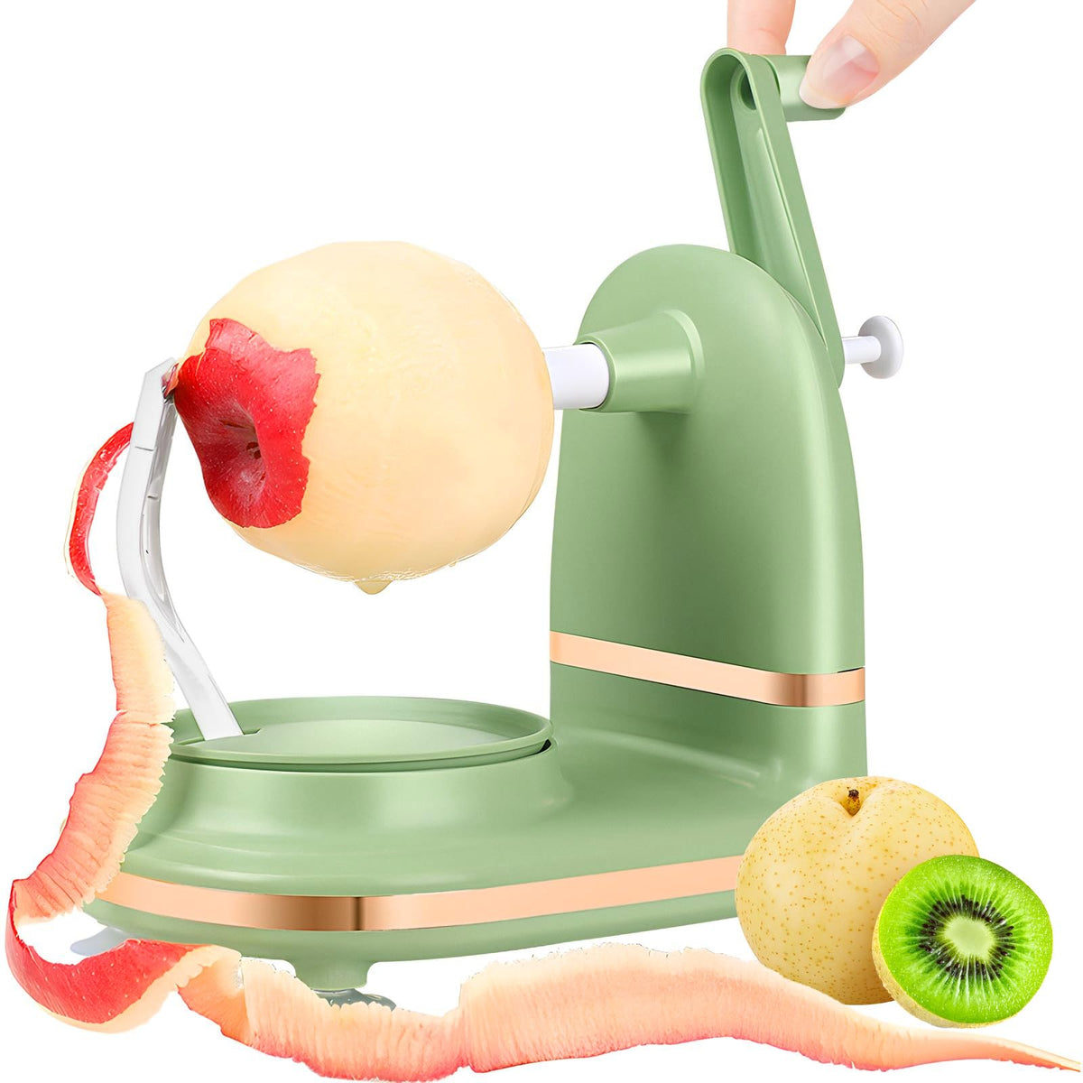 Apple peeler; pear peeler; manual rotating kitchen gadget apple peeler; suitable for peeling apples, pears, potatoes, etc.With 2 blades (Light green)