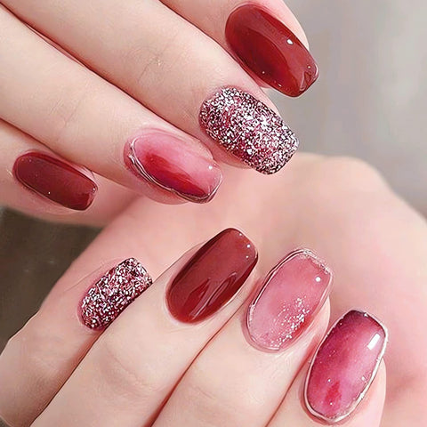 RIICFDD Red Press on Nails Short Square Shape Fake Nails Glossy Glue on Nails Full Cover Short False Nails with Glitter Designs Cute Acrylic Stick on Nails for Women and Girls, 24 PCS