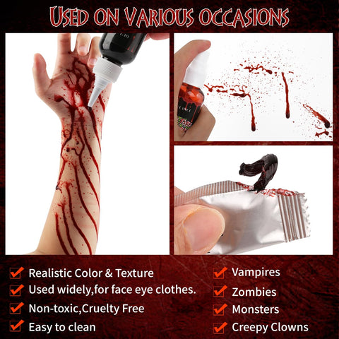 Fake Blood Makeup Set, 5PCS Dark Fake Blood,1.76oz Fake Blood Spray And 1.76oz Dripping Blood, And 3 Fake 0.17 Oz Coagulated Gel Blood For Bloody Nose Ears Party Vampire Zombie Cosplay Horror Film