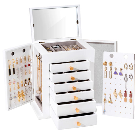 ProCase Large Jewelry Box, 7-Layer Wooden Jewelry Boxes for Women, Jewellery Holder Organixzer Storage Case with Mirror for Earrings Bracelet Necklace Watch Ring for Dresser -White