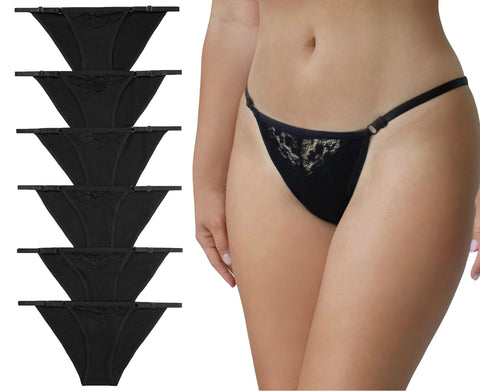 Nabtos Womenâ€™s Cotton Panties Black Set Floral Lace Adjustable String Bikini Underwear Low Rise Hi Cut Cheeky Panties pack 6, Black, L-XL