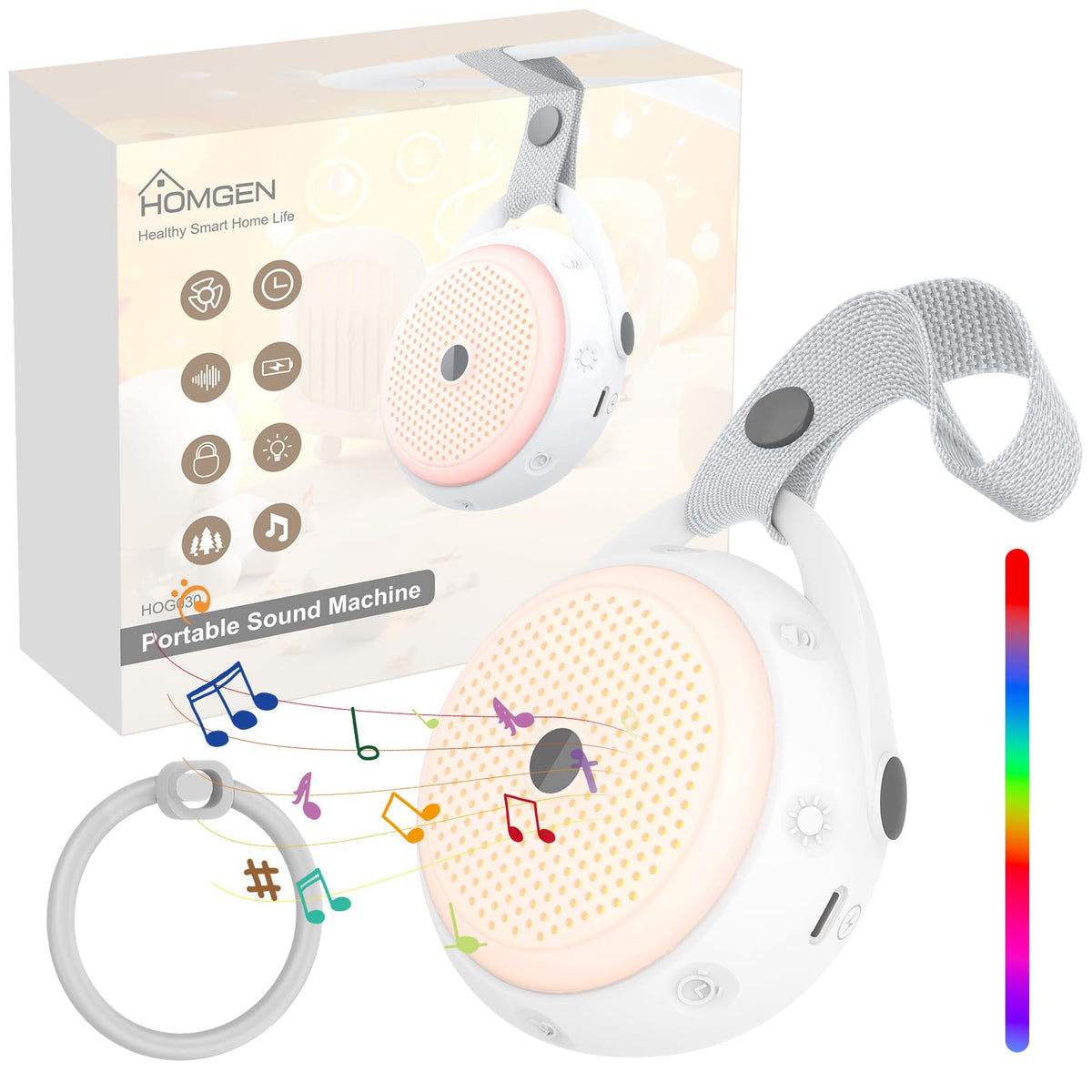HOMGEN Portable White Noise Machine Baby Rechargeable Warm Light White Noise Baby Gifts Sleep Sound Machine Supports 24 Soothing Sounds/2 Lanyard/Endurance 20h+/7 Night Lights/Battery Warning