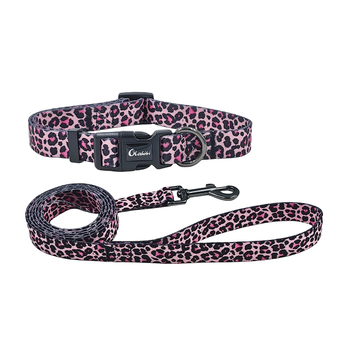 Olahibi Dog Collar Leash Set, Leopard Pattern, Polyester Material, Adjustable Collar and 5ft Matching Leash, for Small Dogs.(S, Colorful Leopard)