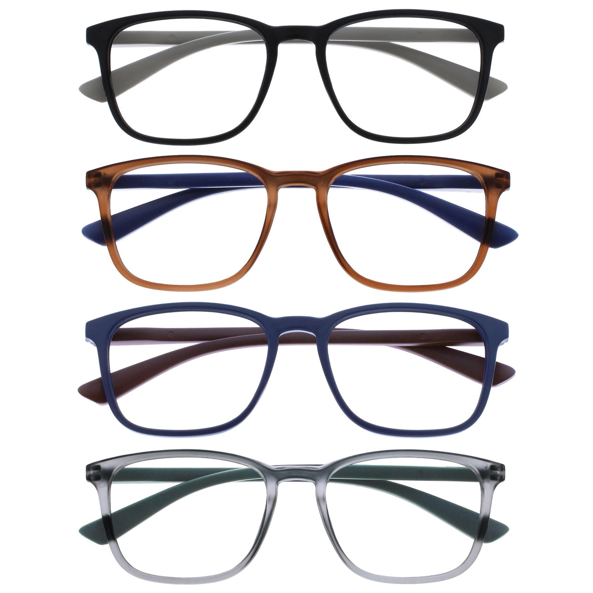 OPULIZE Max Reading Classes 4 Pack - Classic Large Rectangular Frame - Matt Black Brown Blue Grey - Men's Women's Unisex - Spring Hinges - RRRR78-1237 - +1.50
