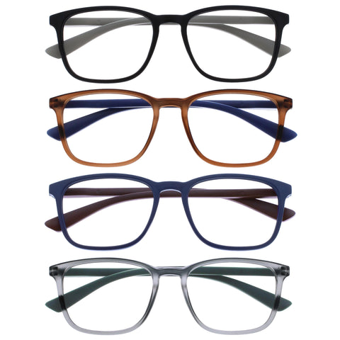 OPULIZE Max Reading Classes 4 Pack - Classic Large Rectangular Frame - Matt Black Brown Blue Grey - Men's Women's Unisex - Spring Hinges - RRRR78-1237 - +1.50