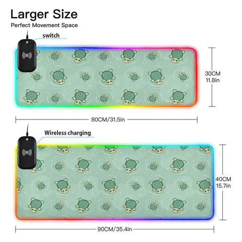 Cute Turtle Wireless Charging Mouse Pad for Mobile Phone Extra Large Gaming Mousepad with 13 Lighting Modes Extended Desk Mat for MacBook PC Laptop Desk Office Home Gaming